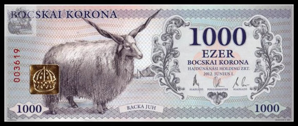 Hungary, Hajdunanas, 1000 Bocskai Korona, 2012, UNC Original Banknote for Collection