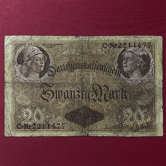 Germany, 1914 P-48, 20 Mark, Used F-XF Condition, Original Rare Banknote for Collection