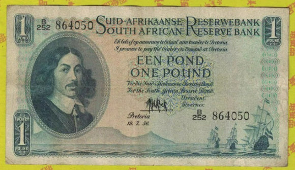 South Africa, 1 Pound, 1956, Used F Condition, Original Banknote for Collection