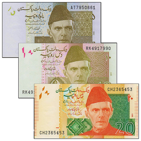 Pakistan set 3 pcs 5+10+20  Rupees ( random year ) banknotes, UNC original banknote
