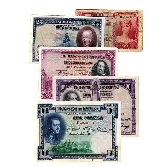 Spain Set 5 PCS, 1928, (10 25 50 100 Peseta) Banknotes, Used F Condition, Real Original Rare Banknote for Collection