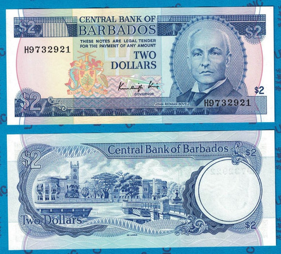 Barbados, 2 Dollars, 1986, UNC Original Banknote for Collection