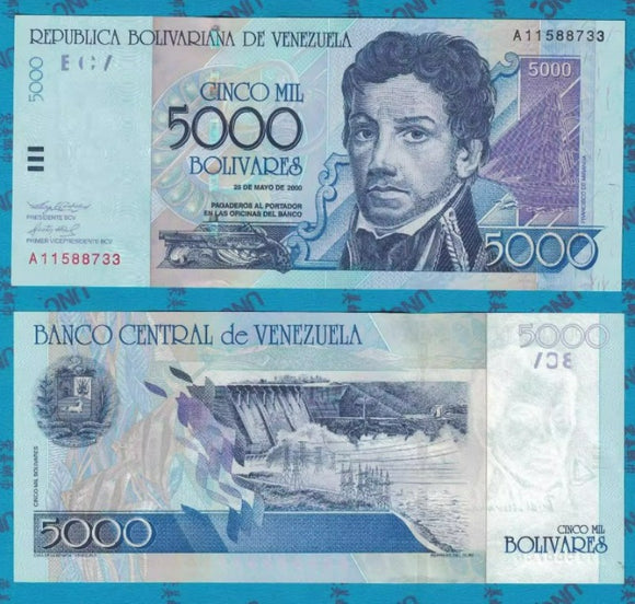 Venezuela, 5000 Bolivares, 2000, UNC Original Banknote for Collection