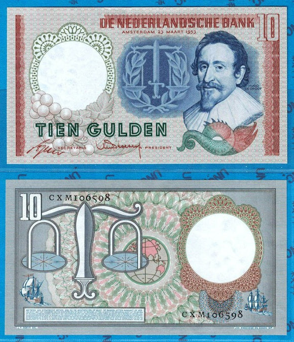 Netherlands, 10 Gulden, 1953, UNC Original Banknote for Collection