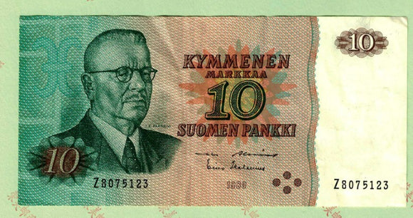 Finland, 10 Mark, 1980, P-111, Used F Condition, Original Banknote for Collection