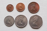 Island of Man, Set 6 PCS Coins, 1971-1975, F Condition, Original Coin for Collection