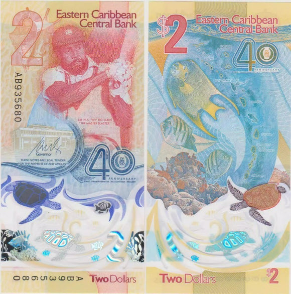 Eastern Caribbean, 2 Dollars, 2023, UNC Original Polymer Banknote for Collection