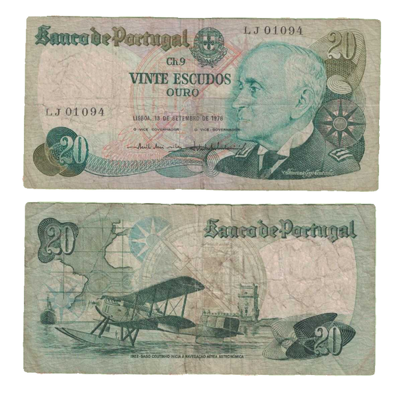 Portugal, 20 Escudos, 1978, Used F Condition, Original Banknote for Collection