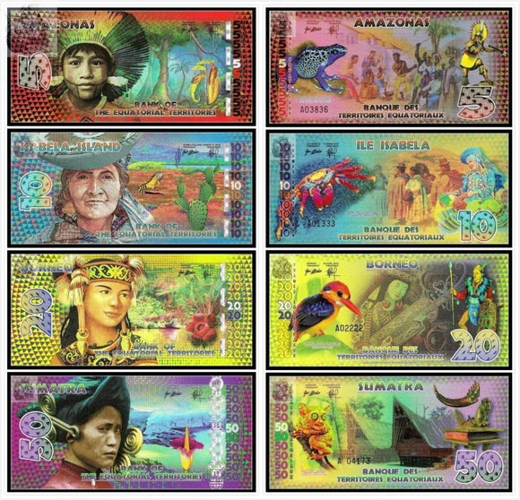 Equatorial State, Equator Bank, Set 4 PCS, 5,10,20,50，2014-15, Polymer Commercial Banknote for Collection