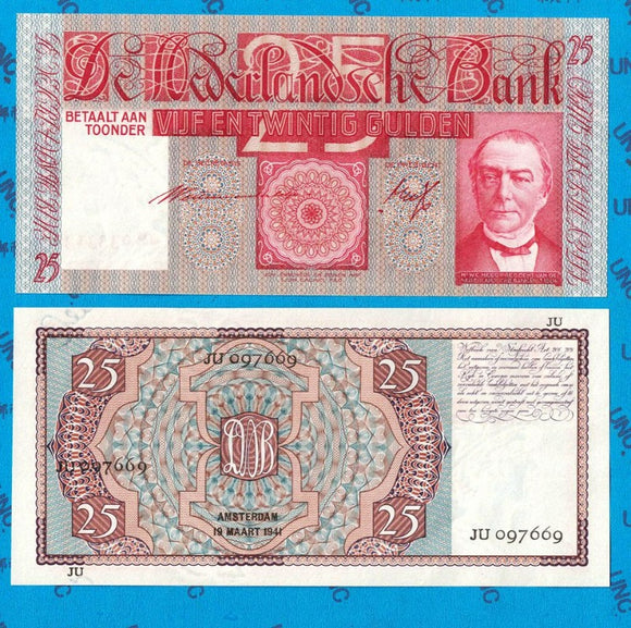 Netherlands, 25 Gulden, 1941, P-50, UNC Original Banknote for Collection