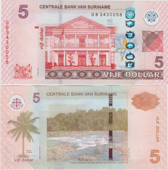 Surinam, 5 Gulden, 2012,UNC Original Polymer Banknote for Collection