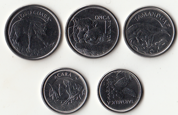 Brazil, Set 5 PCS Coins, Random Year, UNC Original Coin for Collection