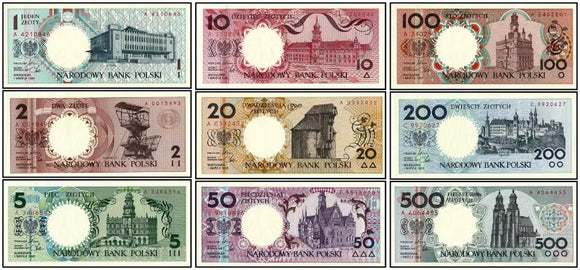 Poland, Set 9 PCS Banknotes, 1-500 Zlotych, 1990 P164-172, Original UNC Banknote for Collection