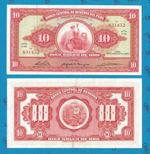 Peru, 10 Soles, 1962-65, P-88, UNC Original Banknote for Collection