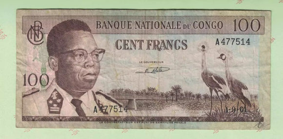 Congo, 100 Francs, 1961, Used VF Condition, Original Banknote for Collection