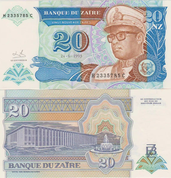 Zaire, 20 Nouveaux Makuta, 1993, UNC Original Banknote for Collection