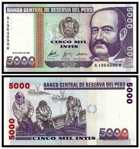 Peru 5000 Intis 1988 P-137 UNC Original Banknote