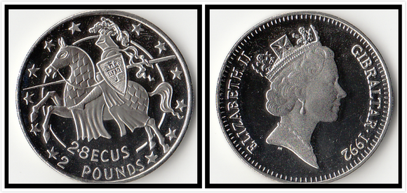 Gibraltar, 2 Pounds/2.8 ECUS, 1992, UNC Original Coin for Collection