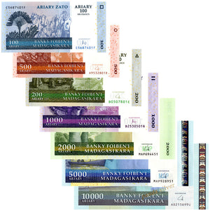 Madagascar Set 7 PCS, 100-10000 Ariary, 2004-2012 Banknote, UNC Banknotes for Collection