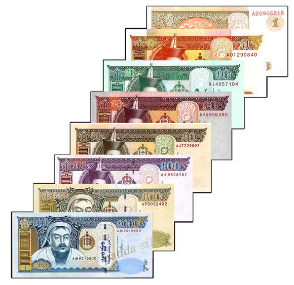 Mongolia set 8 pcs (1-1000) Tugrik UNC original real notes , world asia collectibles note collection