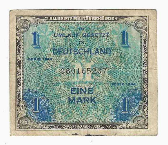 Germany, 1 Mark, 1944, US Military Note, F-VF Used Condition, Original Banknote for Collection