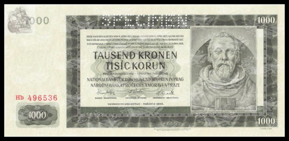 Bohemia and Moravia, 1000 Korun, 1942, P-15s, UNC Original Banknote for Collection