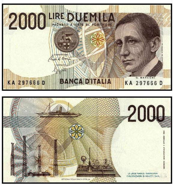 Italy 2000 Lire 1990 P-115 Original Banknote