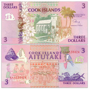 Cook Islands 3 Dollars, 1992, P-7, UNC Aitutaki original real banknote