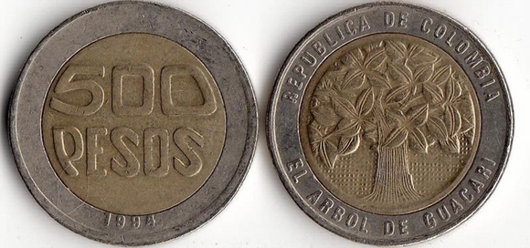 Colombia, 500 Pesos, Random Year, VF Used Condition, Original Coin for Collection