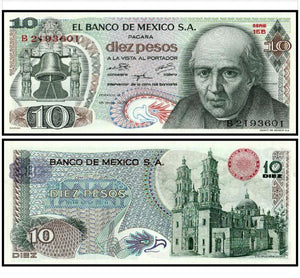 Mexico 10 Pesos 1969-77 P-63 UNC Original Banknote