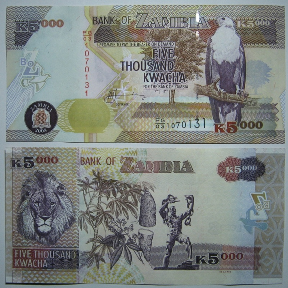Zambia, 5000 Kwacha, 2008 P-45, UNC Original Banknote for Collection
