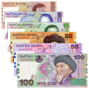 Kyrgyzstan Set 6 PCS, 1-100 Som, P13-15,19-21 Banknotes, UNC Banknote for Collection