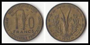 West Africa, Togo, 10 Francs, 1957, F-VF Used Condition, Original Coin for Collection
