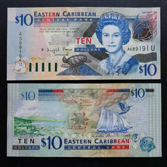 Eastern Caribbean, 10 Dollars, 2003, UNC Original Banknote for Collection
