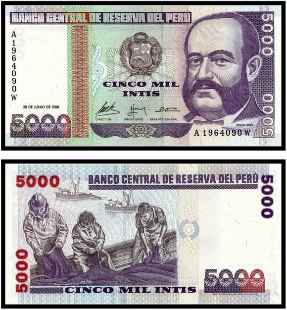 Peru 5000 Intis 1988 P-137 banknote, UNC original