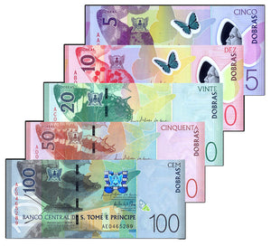 Sao Tome and Principe Set 5 pcs (5 10 20 50 100 Dobras ), 2016(2018) ( 2 Polymer + 3 Paper Notes) UNC Original Banknotes