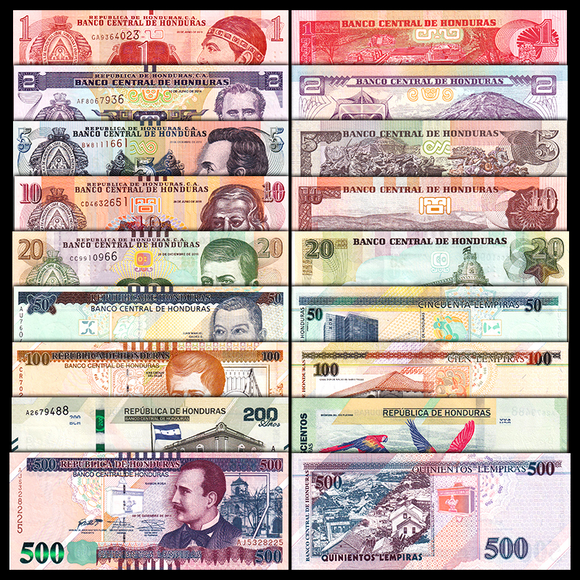 Honduras, (1,2,5,10,20,50,100,200,500 Lempiras), Set 9 PCS Banknote, UNC Original Banknote for Collection