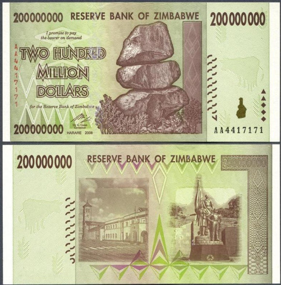 Zimbabwe 200000000 Dollars, 2008 P-81, Origianl Banknote for Collection