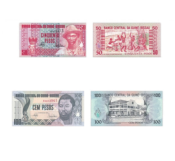 Guinea Bissau, Set 2 PCS Banknotes, 50 100 Pesos, 1990 P-10-11, UNC Original Banknote, Paper Money for Collection