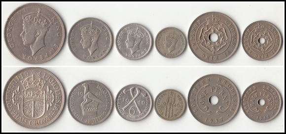 Rhodesia, 1937-46,  Set 6 PCS Coins, ( Include 4 Silver Coins), UNC Original Coin for Collection