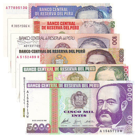 Peru Set 6 pcs ( 10.50.100.500.1000.5000 Intis ) banknotes  UNC original banknote