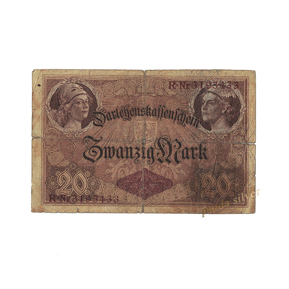 Germany 20 Marks, Deutchland Berlin, 1914 P-48, Used EU Conditon, Original Banknote