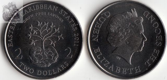 Eastern Caribbean, 2 Dollars, 2011, UNC Original Coin for Collection
