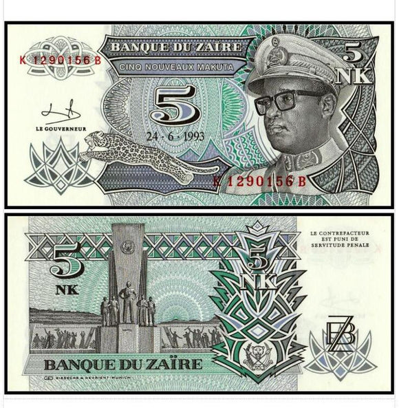 Zaire 5 Nouveaux Makuta 1993 P-48 Original Banknote