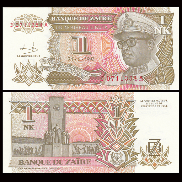 Zaire, 1 Nouveaux Likuta, 1993, P-47, UNC Original Banknote for Collection
