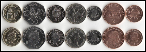 Guernsey, Set 7 PCS Coins, UNC Original Coin for Collection