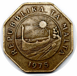 Malta, 25 Cents, 1975, F-VF Used Condition, Original Brass Coin for Collection