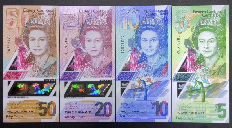 Ec Currence Sign Eastern Caribbean, Set 4 PCS Banknotes, 5 10 20 50 Dollars, 2019, UNC ...