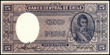 Chile, 5 Pesos = 1/2 Condor, 1947-58  Random Year, P-110, AUNC Original Banknote for Collection
