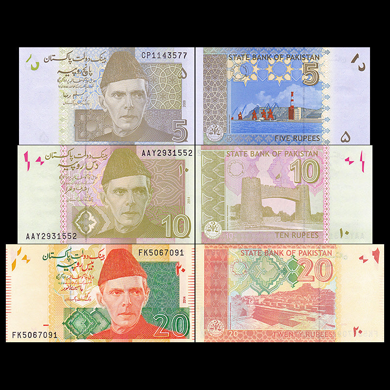Pakistan set 3 pcs banknote 5+10+20 Rupees ( random year ) original ...